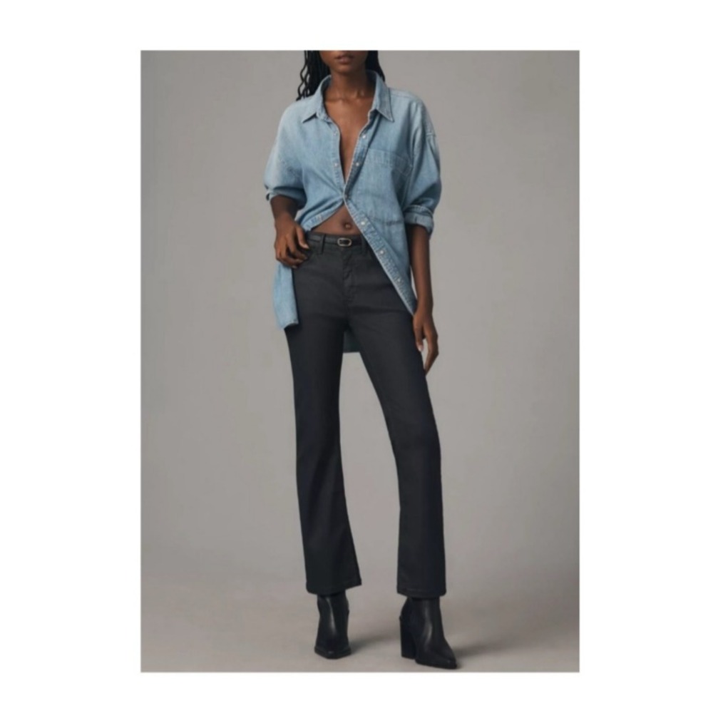 Pilcro for Anthropologie NEW Yaya Jean Pant Coated Green Mid Rise Crop Flare, 27